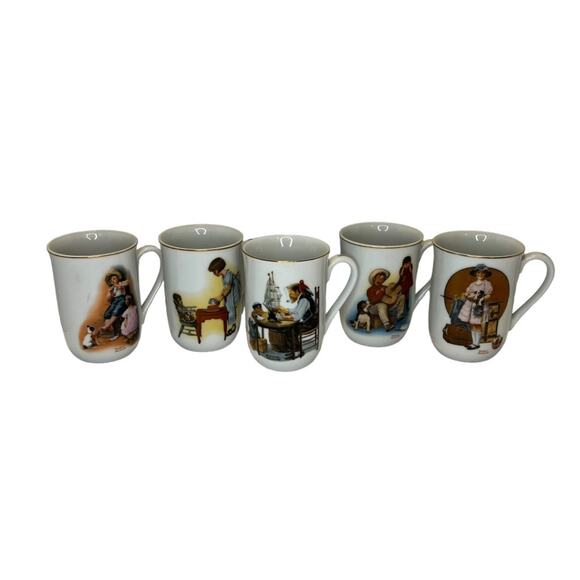 Norman Rockwell Vintage 1981 painted cups white w/ gold trim 5 unique mugs - Picture 1 of 16